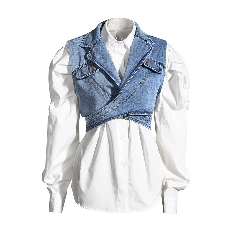 Women's Shirt And Vest 2023 New Two-Piece Short Irregular Denim Vest Puff Sleeve Shirt Loose Fashion Casual Long-Sleeved Blouse
Women's Shirt And Vest 2023 New Two-Piece Short Irregular Denim Vest Puff Sleeve Shirt Loose Fashion Casual Long-Sleeved Blouse