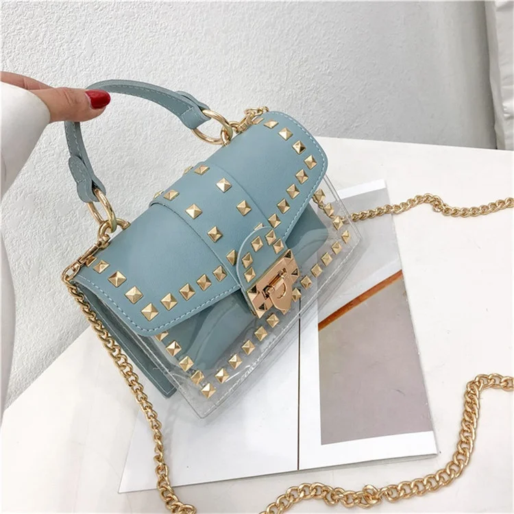 Small bag female fashionable rivets transparent women clear PVC shoulder jelly bag handbags for young ladies
Small bag female fashionable rivets transparent women clear PVC shoulder jelly bag handbags for young ladies