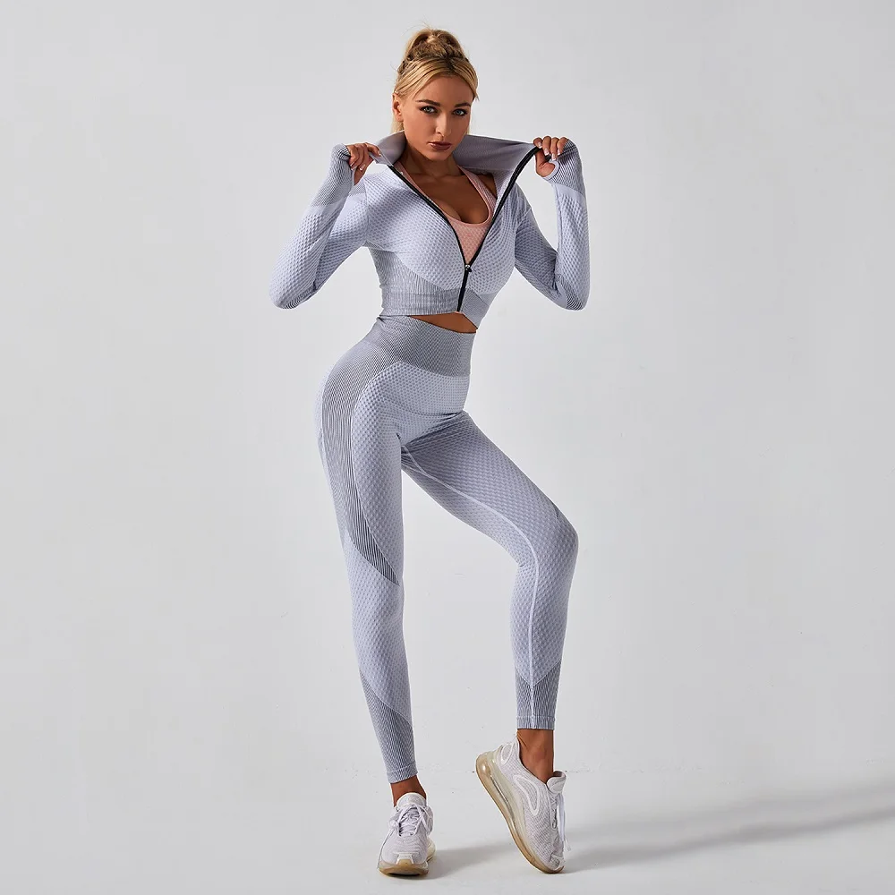Women Fitness Sportswear Jacket Coat Leggings Three Piece Seamless Yoga Wear Sports Track Suit Bra Set Running Wear Jogger Wear, Picture show
Women Fitness Sportswear Jacket Coat Leggings Three Piece Seamless Yoga Wear Sports Track Suit Bra Set Running Wear Jogger Wear, Picture show