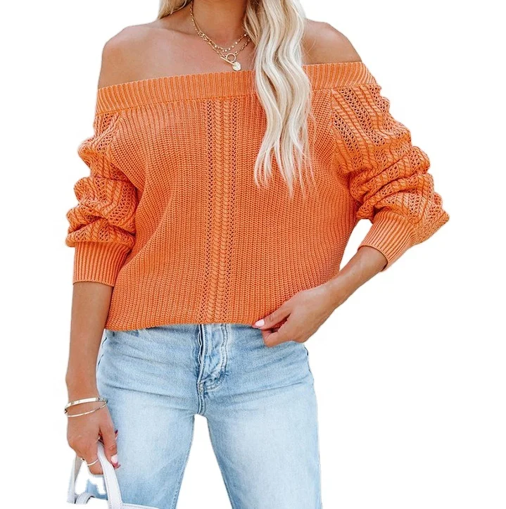 New style autumn puff sleeve crew neck off shoulder solid color hollow out women sweater, As picture
New style autumn puff sleeve crew neck off shoulder solid color hollow out women sweater, As picture