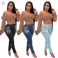 

New Designer High Waist Jeans Pants Women Ladies Fashion Ripped Hole Tassels Trousers Skinny Denim Women Jeans Factory In China