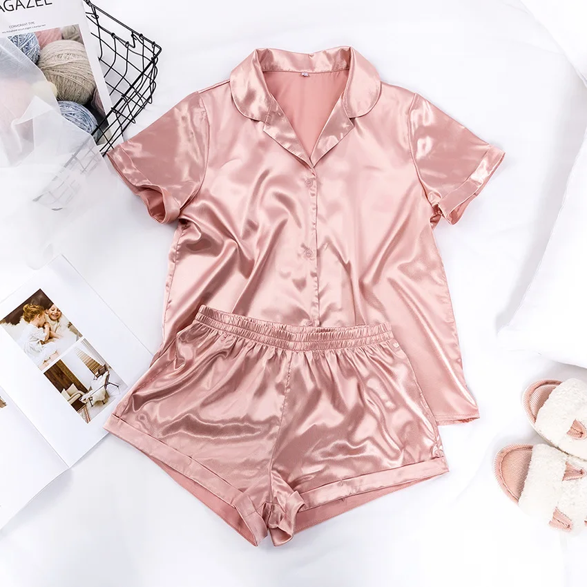 Two Pieces 2021 Casual Solid Silk Pyjamas Short Sleeve Shirts + Shorts Nighties Sleepwear Summer Pajamas For Women's Sets, As pic
Two Pieces 2021 Casual Solid Silk Pyjamas Short Sleeve Shirts + Shorts Nighties Sleepwear Summer Pajamas For Women's Sets, As pic