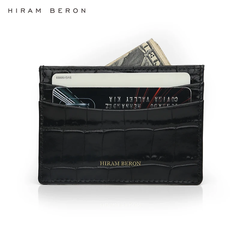 

Hiram Beron Glossy Black Italian simple crocodile pattern leather men card holder wallet case leather OEM service dropshipping
