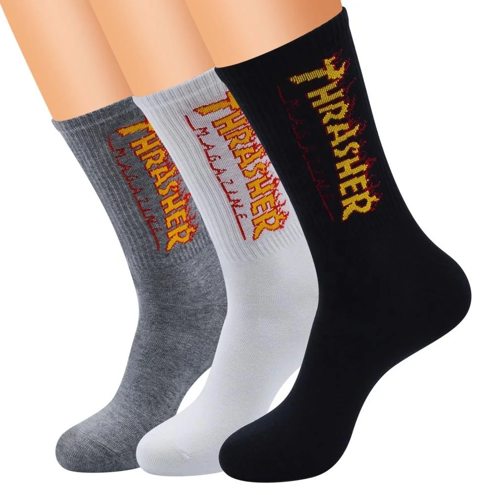 Personality popular logo letter male fire black white grey cotton socks, Pantone color
Personality popular logo letter male fire black white grey cotton socks, Pantone color