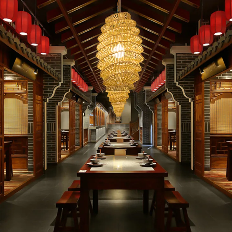 Fish basket shape natural handmade rattan chandelier bamboo wooden for restaurant resort pendant light