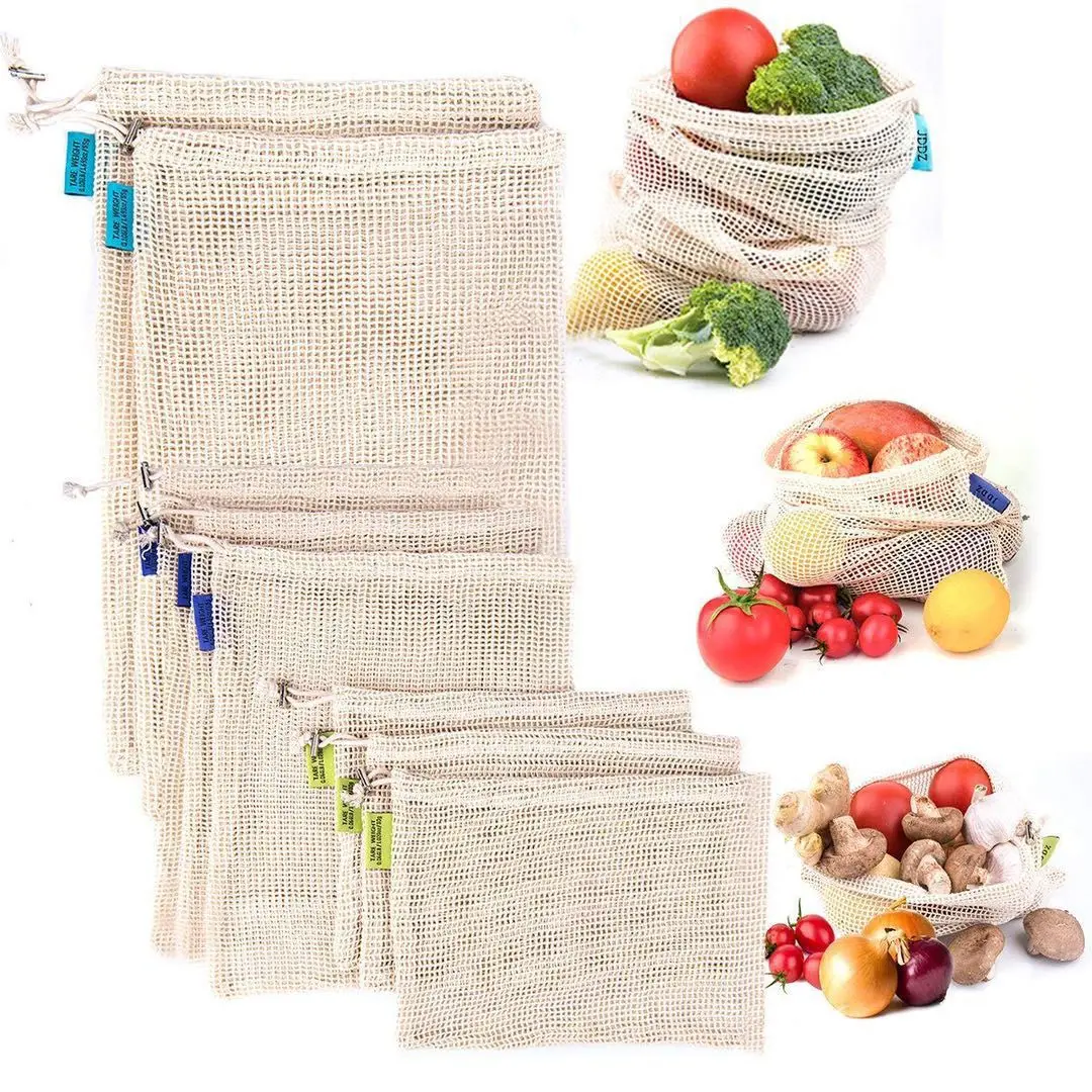 Eco friendly food grade reusable organic cotton mesh drawstring bags for fruits and vegetables
