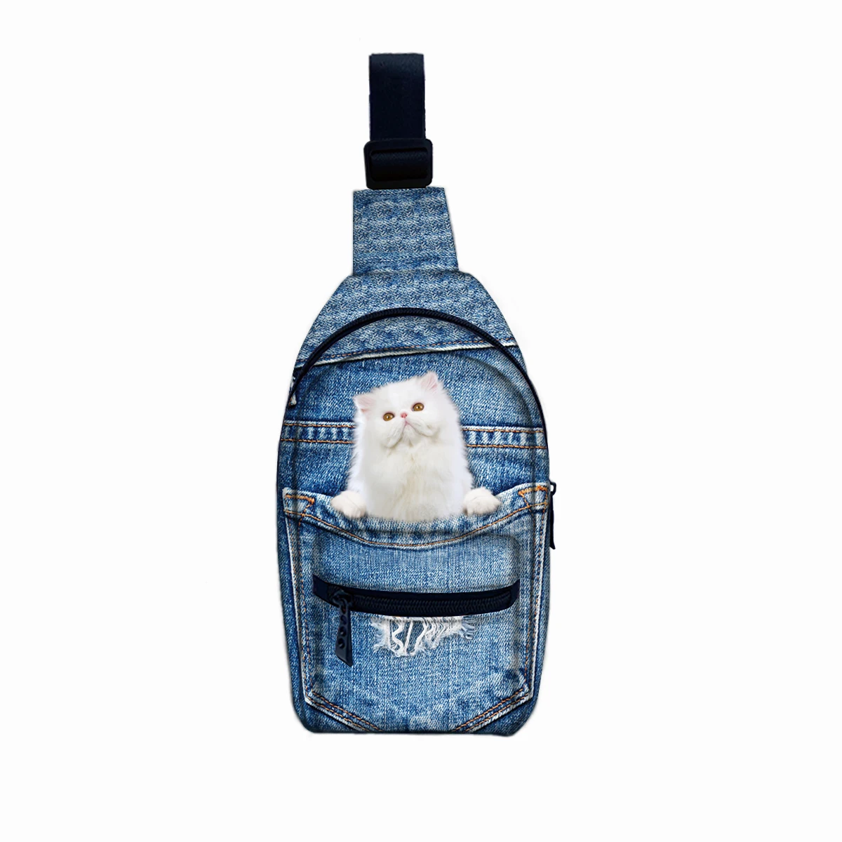 Cute white cat on jeans pocket design custom crossbody chest bag with comfortable padded shoulder strap adjustable, Customized
Cute white cat on jeans pocket design custom crossbody chest bag with comfortable padded shoulder strap adjustable, Customized