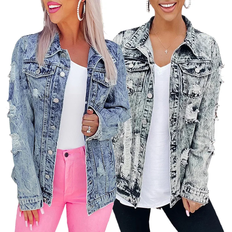 2021 New Arrival Women Blue Distressed Buttons Washed Ripped Denim Jacket, Customized denim jacket
2021 New Arrival Women Blue Distressed Buttons Washed Ripped Denim Jacket, Customized denim jacket