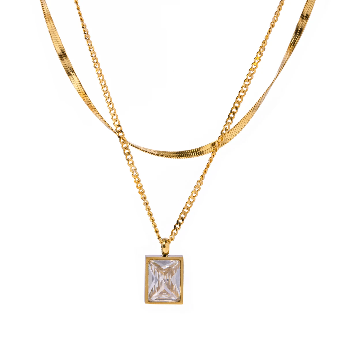 J&D 18K Gold Stainless Steel Waterproof Double Layer Flat Snake Chain Square Pendant Cubic Zircon Necklace
J&D 18K Gold Stainless Steel Waterproof Double Layer Flat Snake Chain Square Pendant Cubic Zircon Necklace