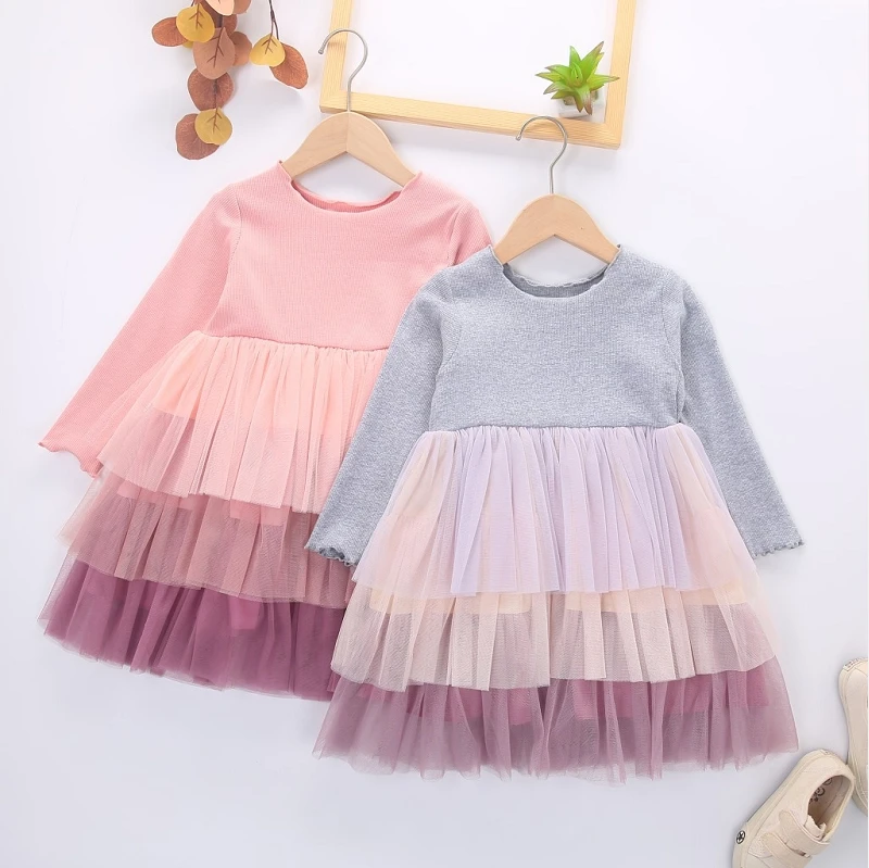 

Girl Clothes Dresses Kids Boutique 3 Layers Mesh Patchwork Dress Girl Elegant Sring Fall Long Sleeve Dress girl Ball Gown M355