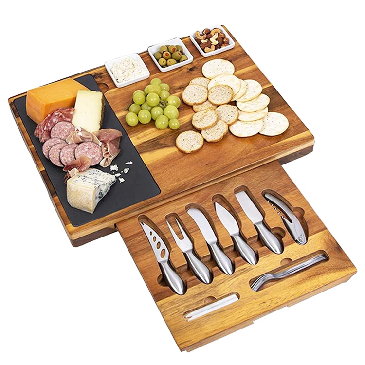 

Acacia Wood Cheese Board and Knife Set Wedding Holiday Gift Platter Or House Warming Present Acacia Wood Slate Serving Tray, Natural bamboo color/as picture show