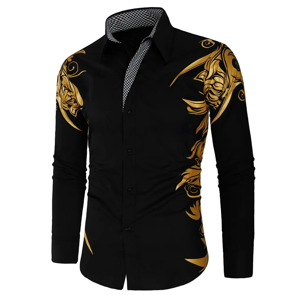 2021 New fashion men's shirt long sleeve gold foil printed shirt men casual dress cotton plus size breathable shirt man 
2021 New fashion men's shirt long sleeve gold foil printed shirt men casual dress cotton plus size breathable shirt man