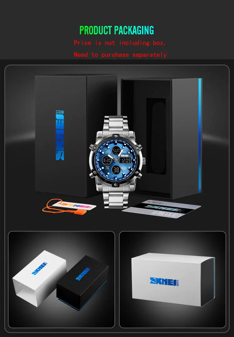 Top Luxury Men Sports Watch Military Countdown 3 Time Clock Stainless Steel Waterproof Skmei 1389 Digital Quartz Men Wrist Watch