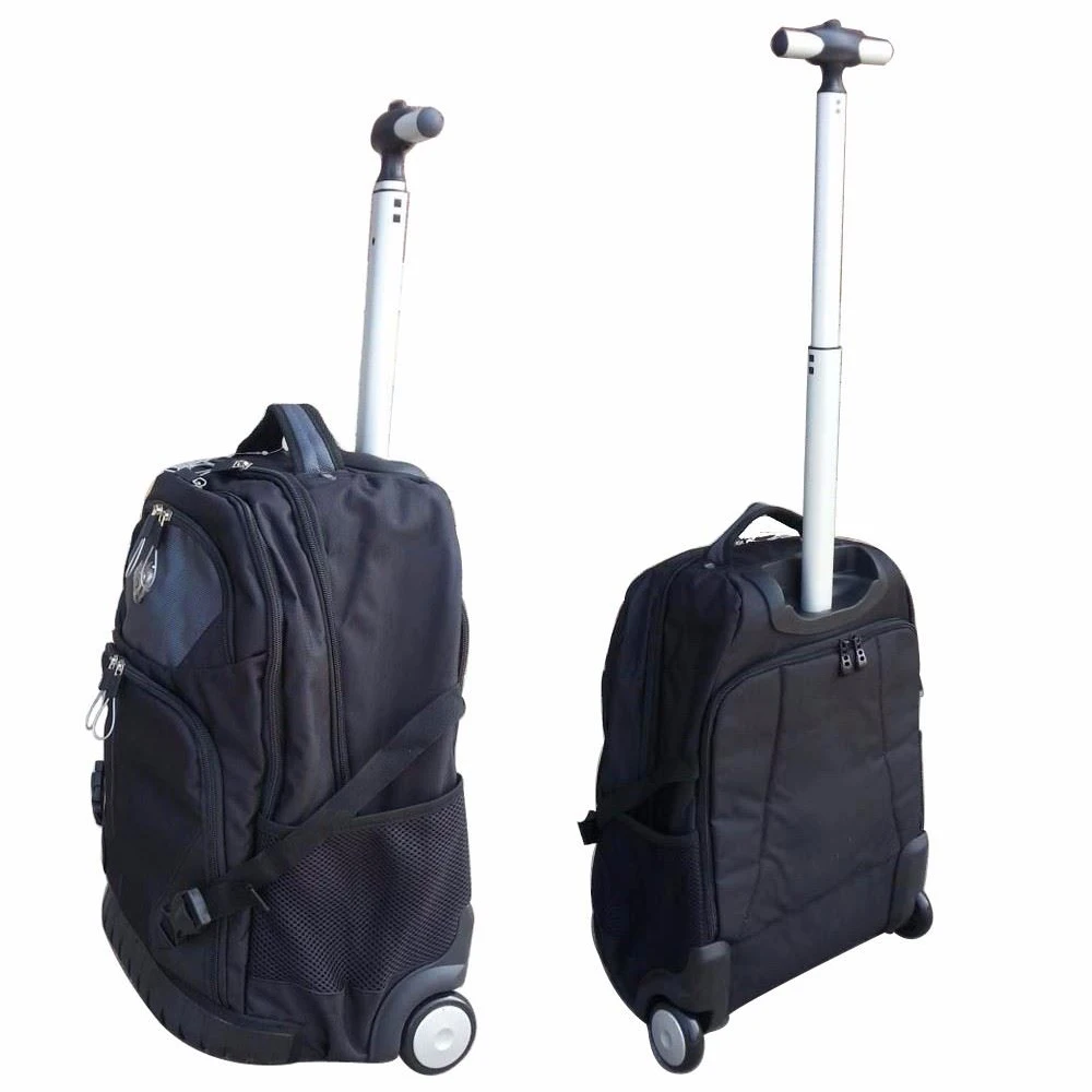 19" 21" black business trolley travel laptop backpack with wheels, wholesale polyester trolly bag roller backpack