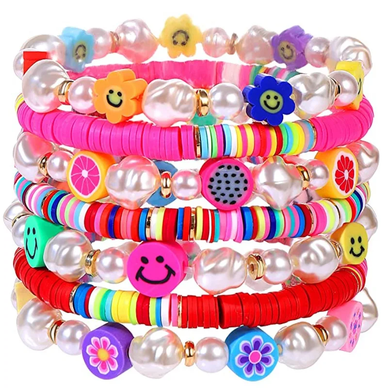 Cute Colorful Soft Polymer Clay Fruit Bracelet Preppy Elastic Rope Bracelets Imitation Pearl Smiley Face Bracelets for Women Men
Cute Colorful Soft Polymer Clay Fruit Bracelet Preppy Elastic Rope Bracelets Imitation Pearl Smiley Face Bracelets for Women Men