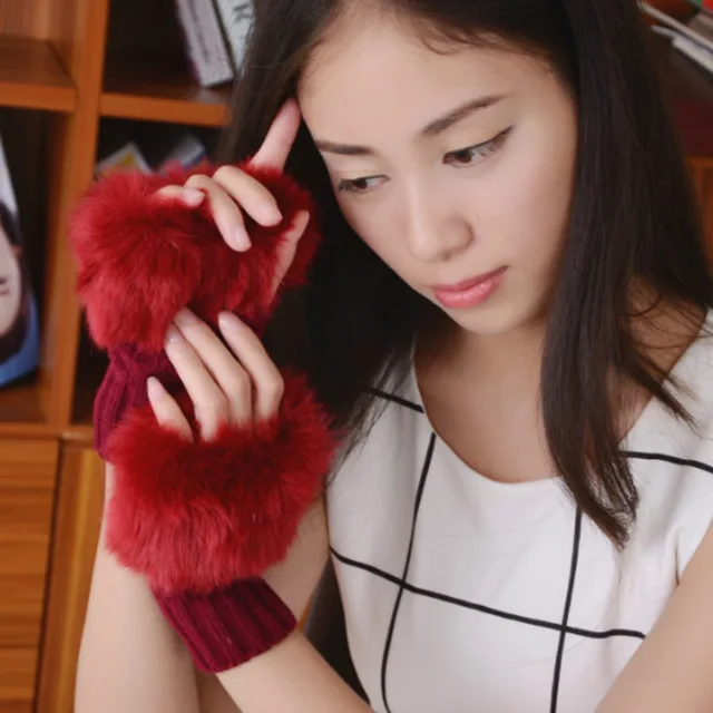 Autumn winter knitting warm half finger fingerless female gloves wool wrist hand wrist fur exposed touch screen short gloves