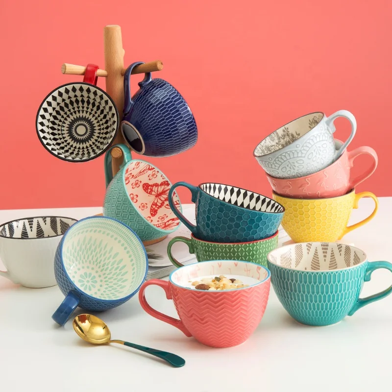

Creative colorful embossed 3d Ceramic Coffee cup Tea Mugs Fine Porcelain Breakfast oatmeal mug, Multicolor