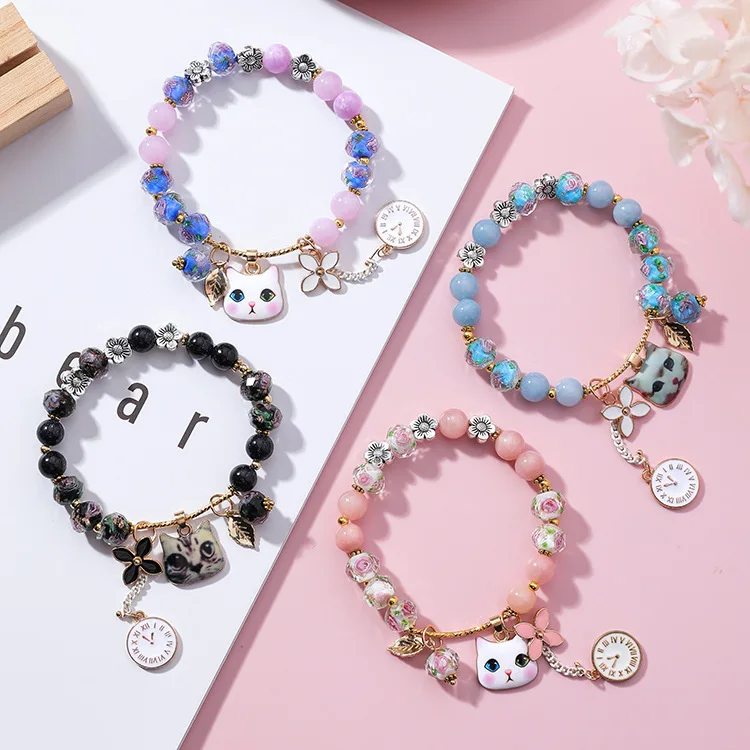 Sweet Cute Simple Cat Clock Pendant Glazed Stone Beads Bracelet Women Girls Charm Bracelet Jewelry (KB8292), As picture
Sweet Cute Simple Cat Clock Pendant Glazed Stone Beads Bracelet Women Girls Charm Bracelet Jewelry (KB8292), As picture