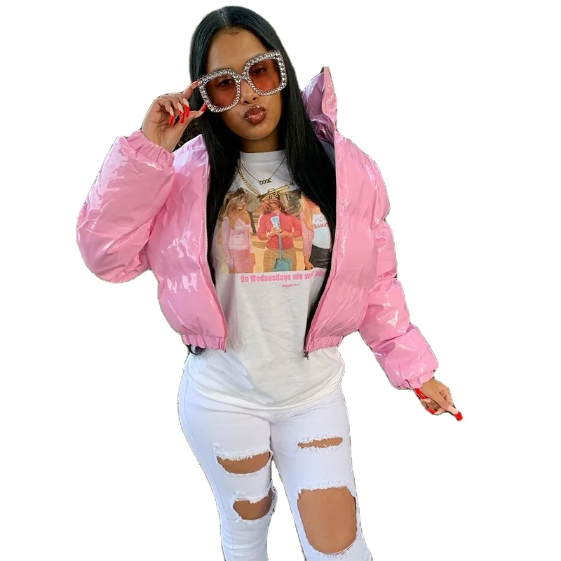 Long Sleeve Solid Color Short Female Warm Down Shiny Puffy Stand Collar Jacket 
Long Sleeve Solid Color Short Female Warm Down Shiny Puffy Stand Collar Jacket