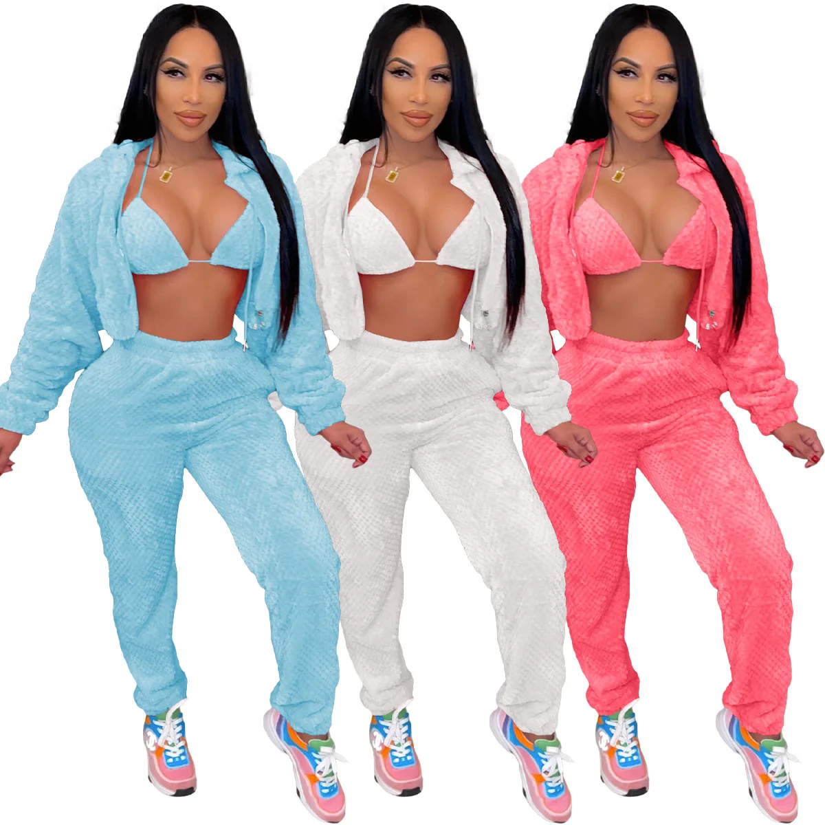 women fall Winter sportswear set Fluffy Solid Hoodie top With Bra pants Stretch Fleece 3 three Piece Tracksuits Sets For Ladies, 3 colors
women fall Winter sportswear set Fluffy Solid Hoodie top With Bra pants Stretch Fleece 3 three Piece Tracksuits Sets For Ladies, 3 colors