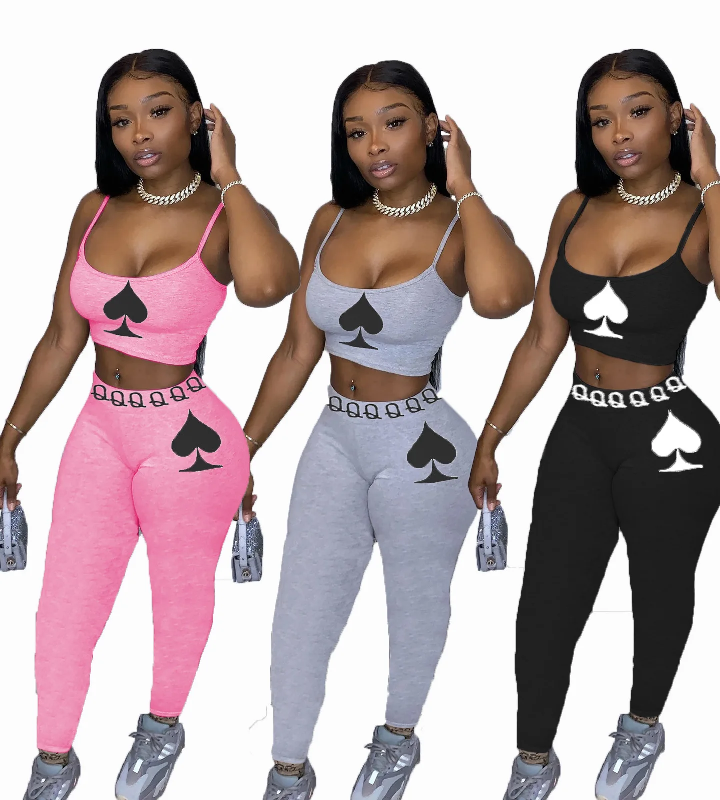 Poker print strap crop top and pants sports set custom track suit woman track suit sportswear
Poker print strap crop top and pants sports set custom track suit woman track suit sportswear