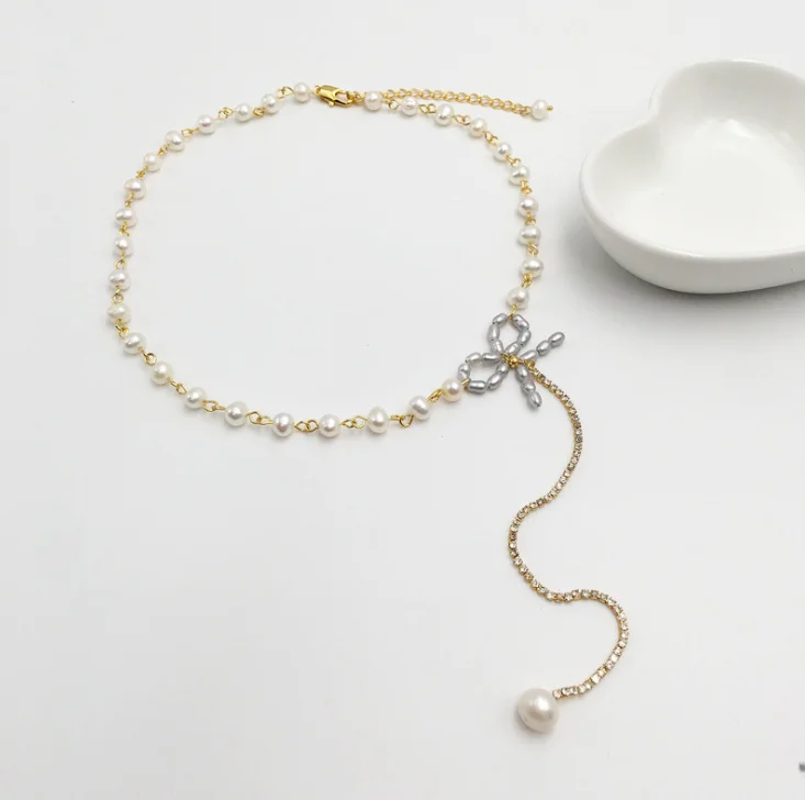 

jialin jewelry women 2020 design sweet simple bow knot freshwater baroque pearl chocker necklace