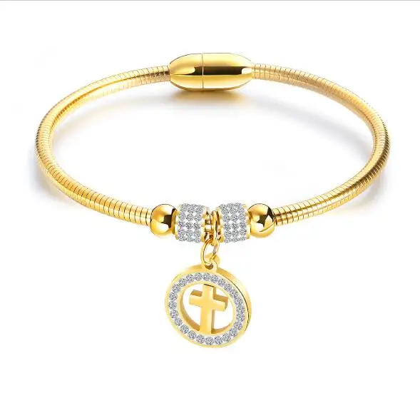 New design 18k gold stainless steel snake chain bracelet with cross charms, As picture
New design 18k gold stainless steel snake chain bracelet with cross charms, As picture