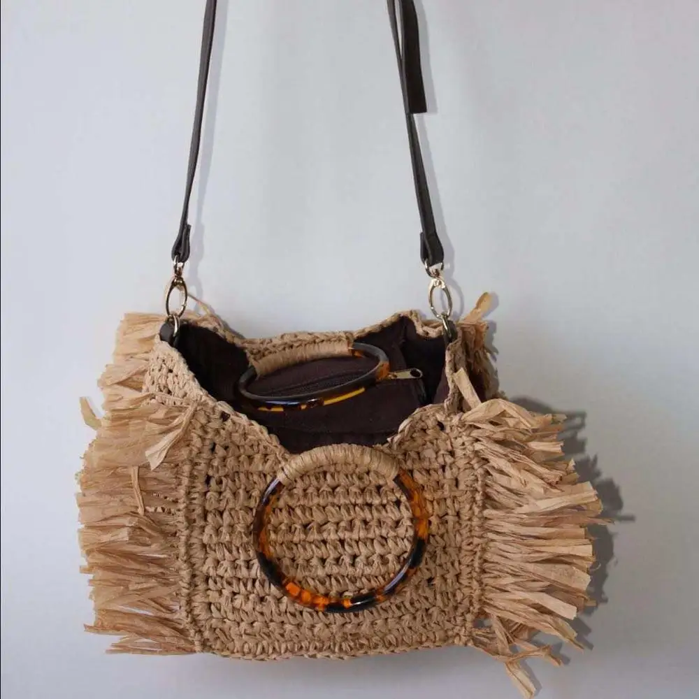 New Trend Tassels Design Pattern Hand Made Straw Beach Bag with Acrylic PMMA ABS Round Handle
New Trend Tassels Design Pattern Hand Made Straw Beach Bag with Acrylic PMMA ABS Round Handle