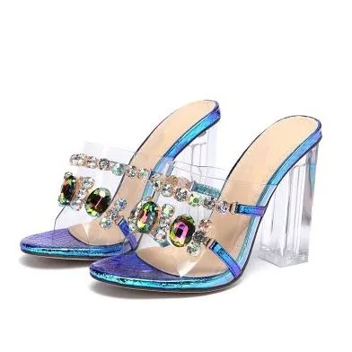 

Women's Shoes Transparent Crystal Chunky Heel Diamond Jewel High Heels Sandals Square Check Summer Jelly Color High Heel Shoes