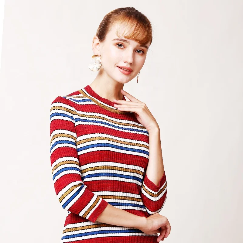 

Custom Striped Breathable Crew Neck Vintage Silk Half Sleeve Fitted Elastic Monki Jumper Women Sweater Knit Crop Top
