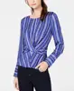 Autumn Satin LadIes Striped Twist-Front Top Blue O Neck Long Sleeve Office Ladies Shirt Blouse