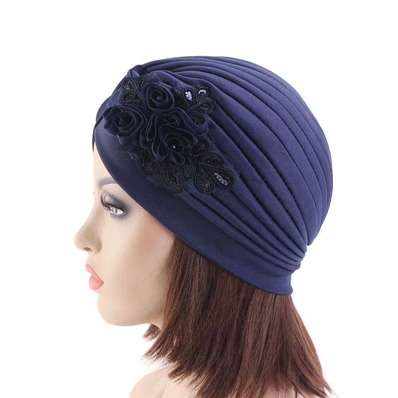 

YiWu Factory Wholesale Solid Knotted Pleated Sequin Flower Ruffle Turban Head Wrap Twist Women Turban