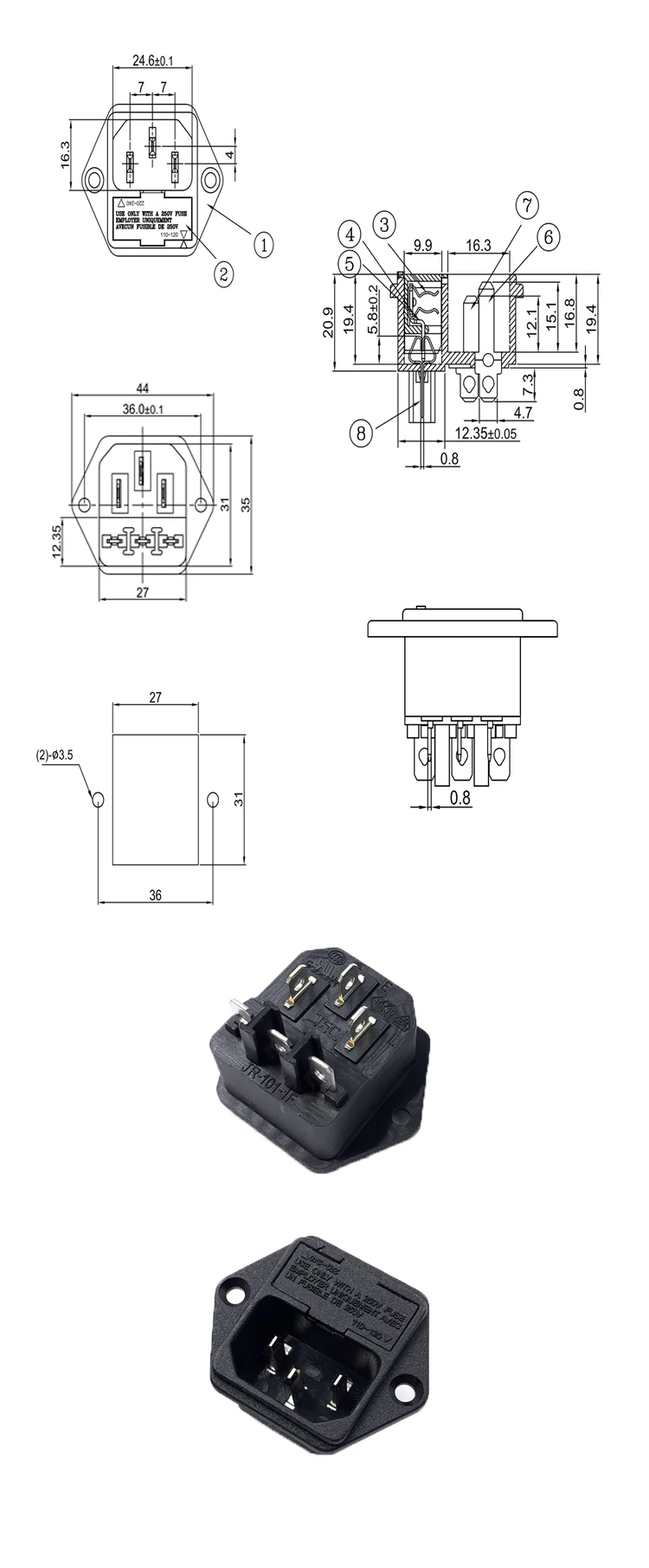 Hot sales IEC JR-101-1F(N) 10A 250V black AC POWER SOCKET Mount Plug Adapter