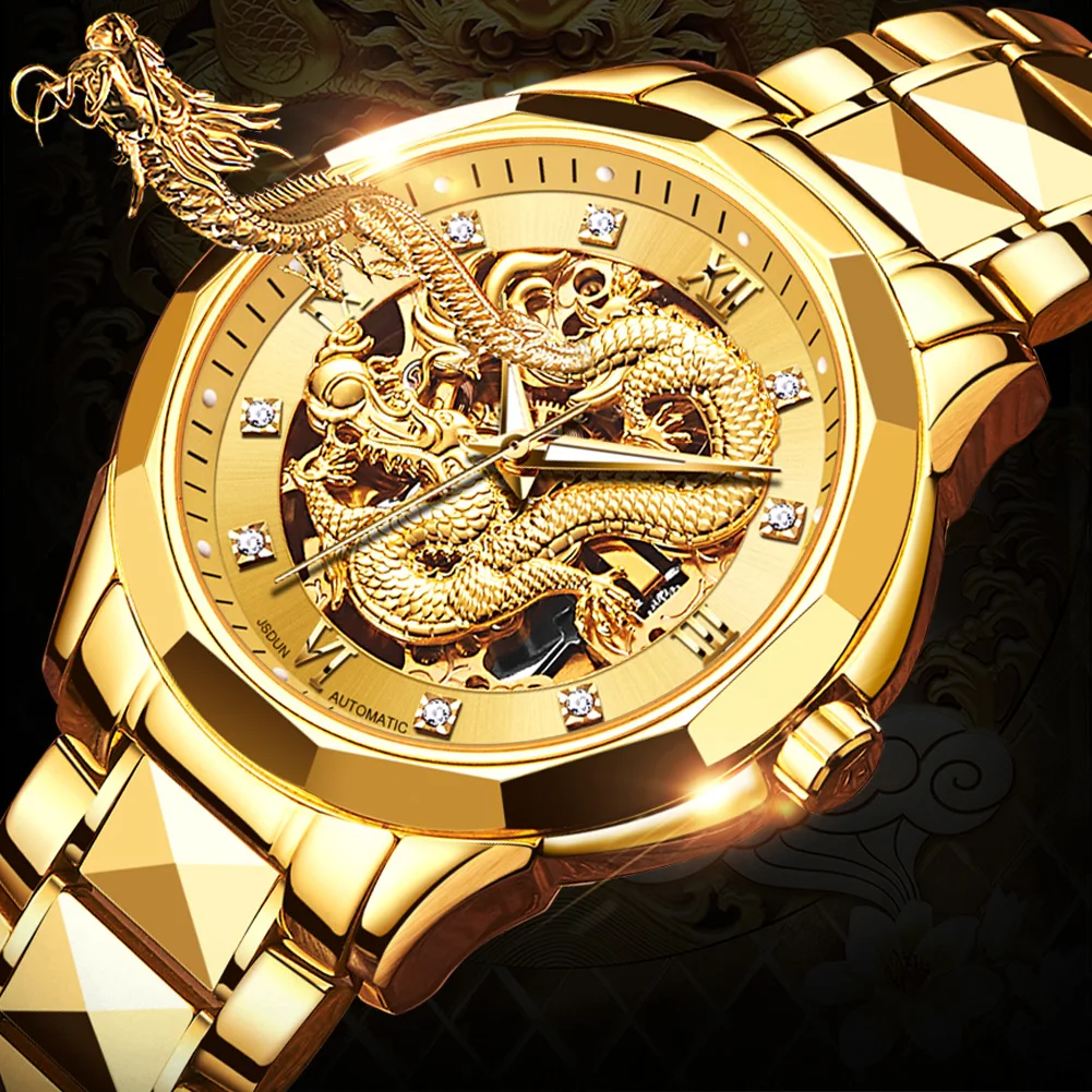 

JSDUN Luxury Skeleton Waterproof Movement 3D Watch Gold China Manufacturer Automatic Mechanical Men's Wristwatches