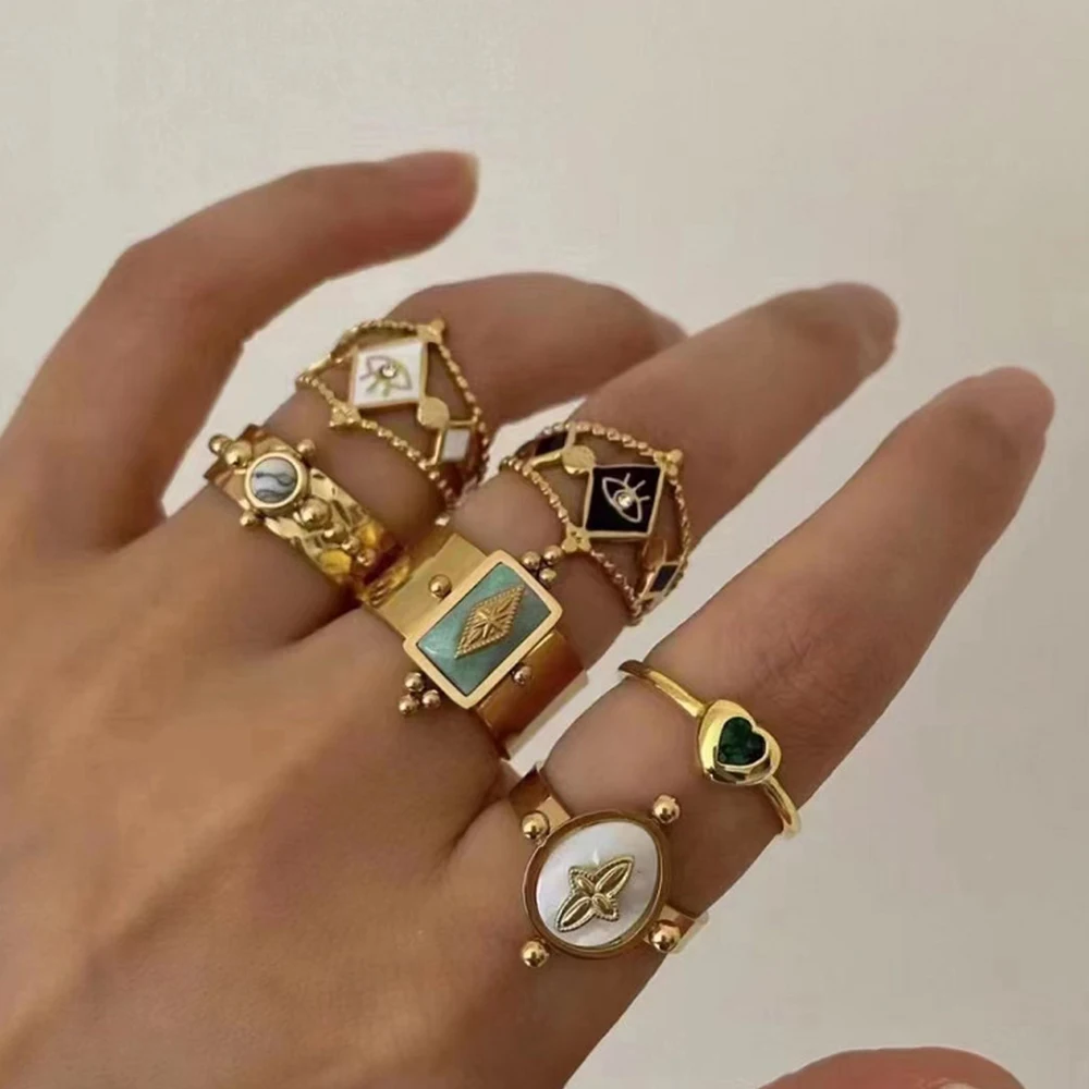 Wholesale Vintage Stainless Steel Natural Stone Finger Ring Jewelry Luxury Gold Plated Shell Evil Eye Opening Ring
Wholesale Vintage Stainless Steel Natural Stone Finger Ring Jewelry Luxury Gold Plated Shell Evil Eye Opening Ring