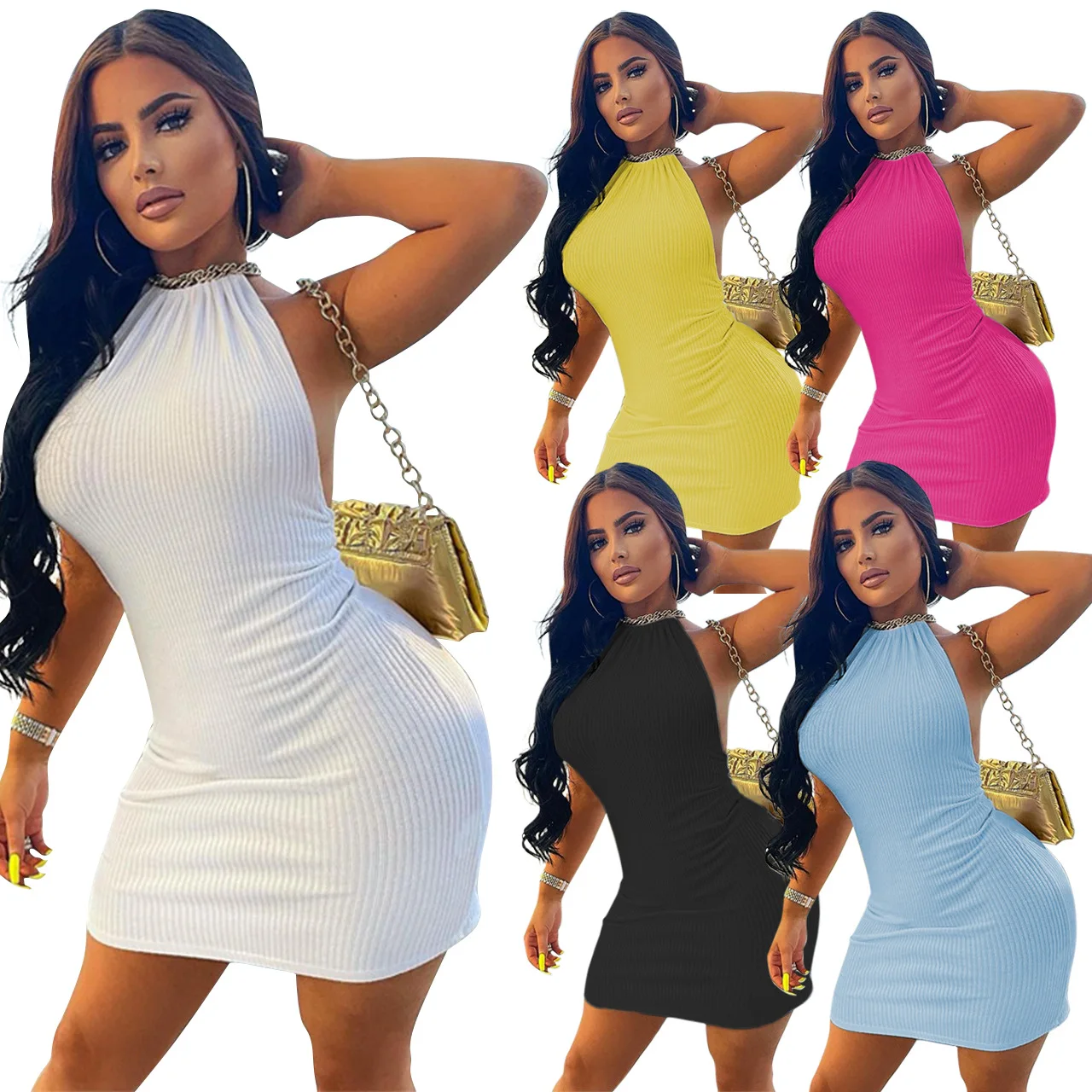 Halter Sleeveless Bandage Backless Slim Fit Solid Color Ladies Casual Summer Sexy Dress 2021 New Women Clothing, Shown
Halter Sleeveless Bandage Backless Slim Fit Solid Color Ladies Casual Summer Sexy Dress 2021 New Women Clothing, Shown