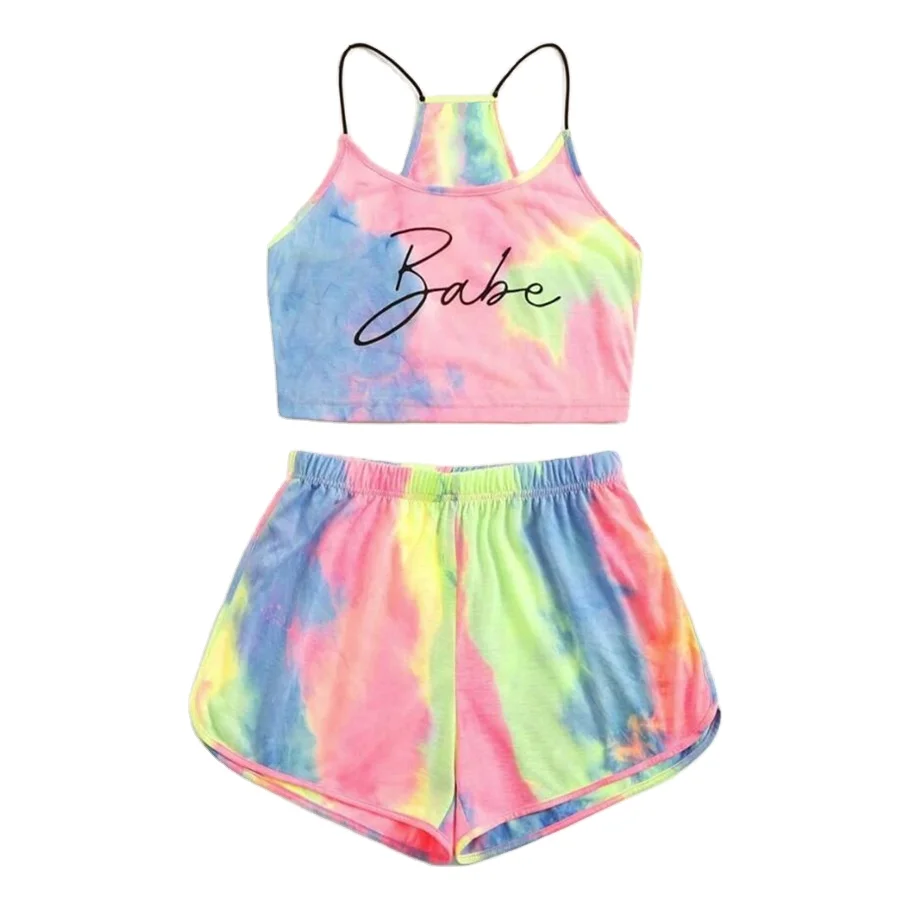 Hot sale summer ladies tie-dye shorts set letter printing suspender blouse women sports shorts suit
Hot sale summer ladies tie-dye shorts set letter printing suspender blouse women sports shorts suit