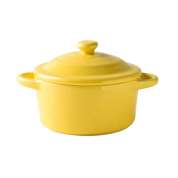 

Hot sale 5.5 inch ceramic dinnerware yellow color glazed round baking & cooking & soup bowl with lid with Stronger double handle