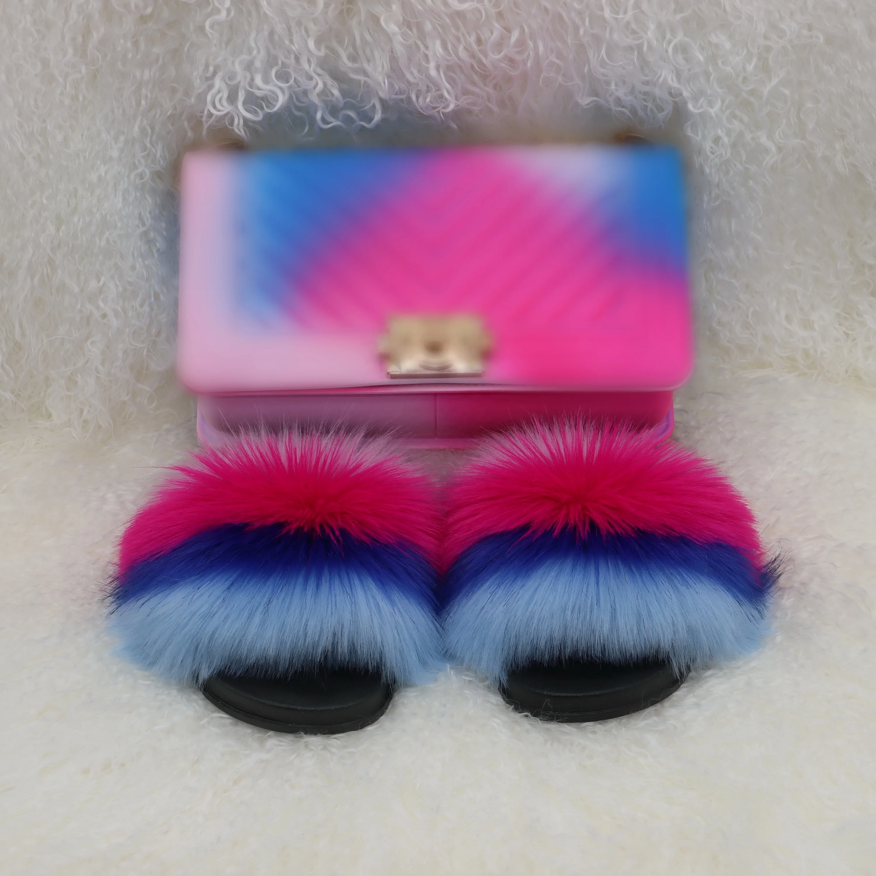 rainbow colors pvc jelly handbag women girls chain purse with matched colors faux fur slides
rainbow colors pvc jelly handbag women girls chain purse with matched colors faux fur slides