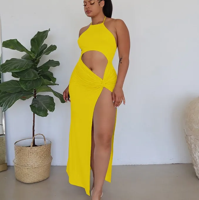 New Design Summer Dress Clothes Fashions Women Sexy Solid Hollow Out Halter High Slit Ladies Elegant Maxi Dresses, Yellow,black,orange
New Design Summer Dress Clothes Fashions Women Sexy Solid Hollow Out Halter High Slit Ladies Elegant Maxi Dresses, Yellow,black,orange