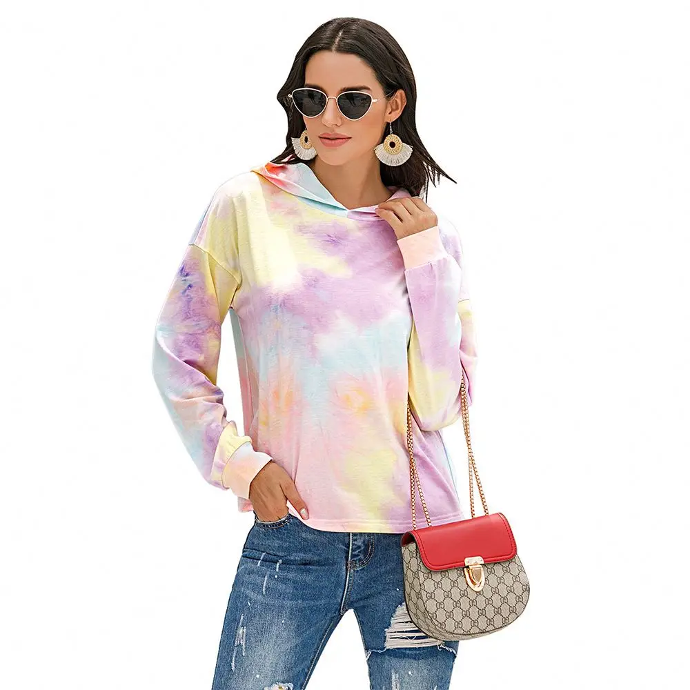 Wholesale custom spring/autumn women's tie-dye printing gradient color stitching long-sleeved pullover hooded T-shirt sweater
Wholesale custom spring/autumn women's tie-dye printing gradient color stitching long-sleeved pullover hooded T-shirt sweater
