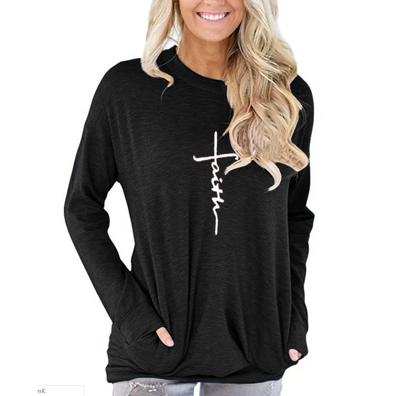 Women's t-shirt Casual Long Sleeve Faith Printed Round Neck Sweatshirt T-shirts Tops Blouse With Pocket
Women's t-shirt Casual Long Sleeve Faith Printed Round Neck Sweatshirt T-shirts Tops Blouse With Pocket