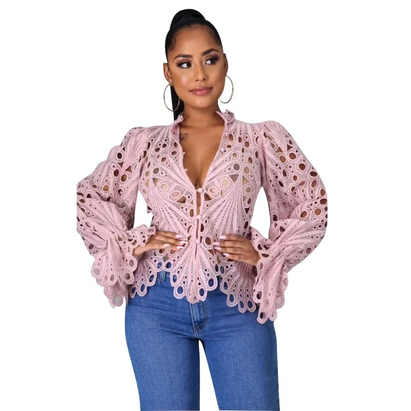 Casual Lantern Long Sleeve Stand Collar Shirts Sexy Lace Hollow Out Short Blouse Female Elegant Red/Pink/White Loose Tops
Casual Lantern Long Sleeve Stand Collar Shirts Sexy Lace Hollow Out Short Blouse Female Elegant Red/Pink/White Loose Tops