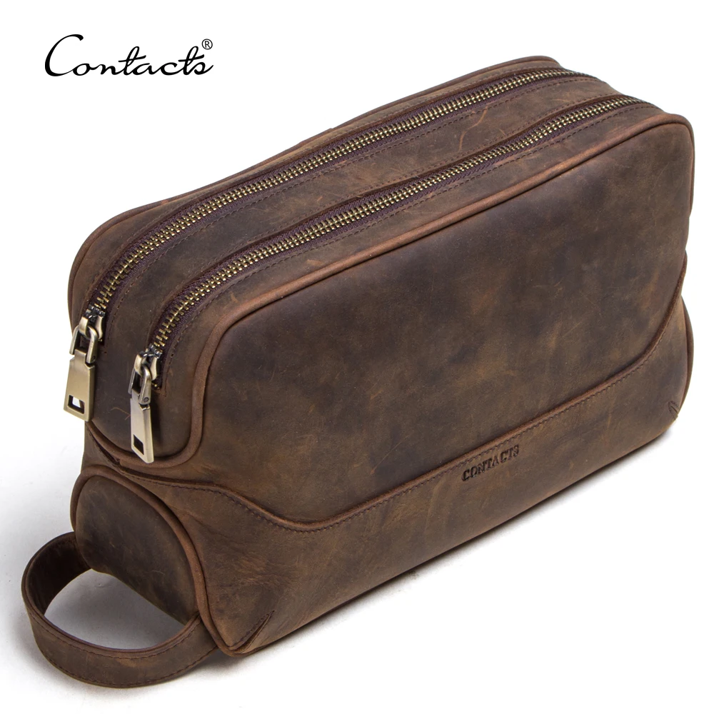 

contact's dropship wholesale vintage style male travel toiletry bag large capacity genuine cowhide leather makeup bag for men, Black and coffee