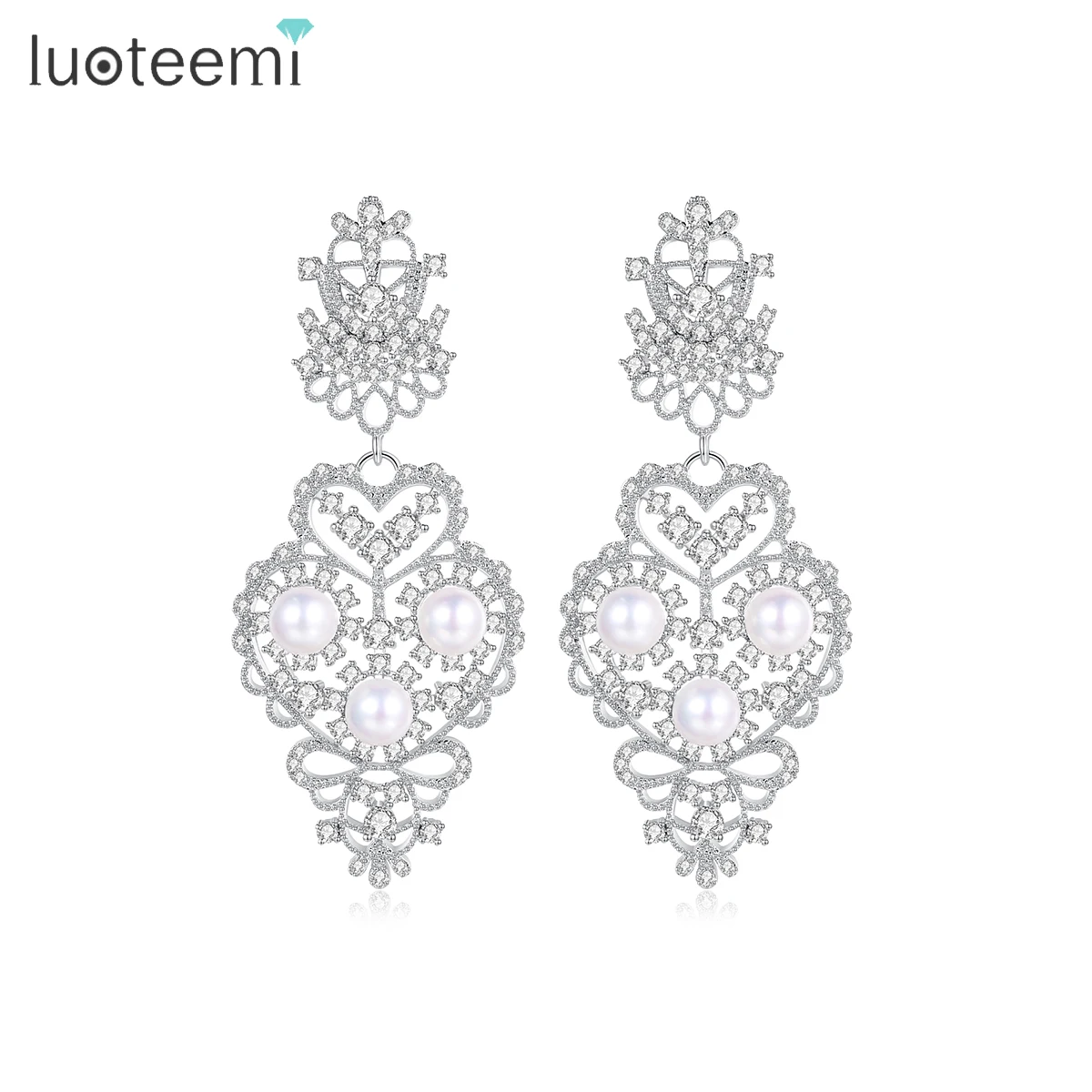 

LUOTEEMI Wholesale Jewelry Luxurious Vintage CZ Crystal Hearts Statement Imitation White Pearl Drop Dangle Earrings