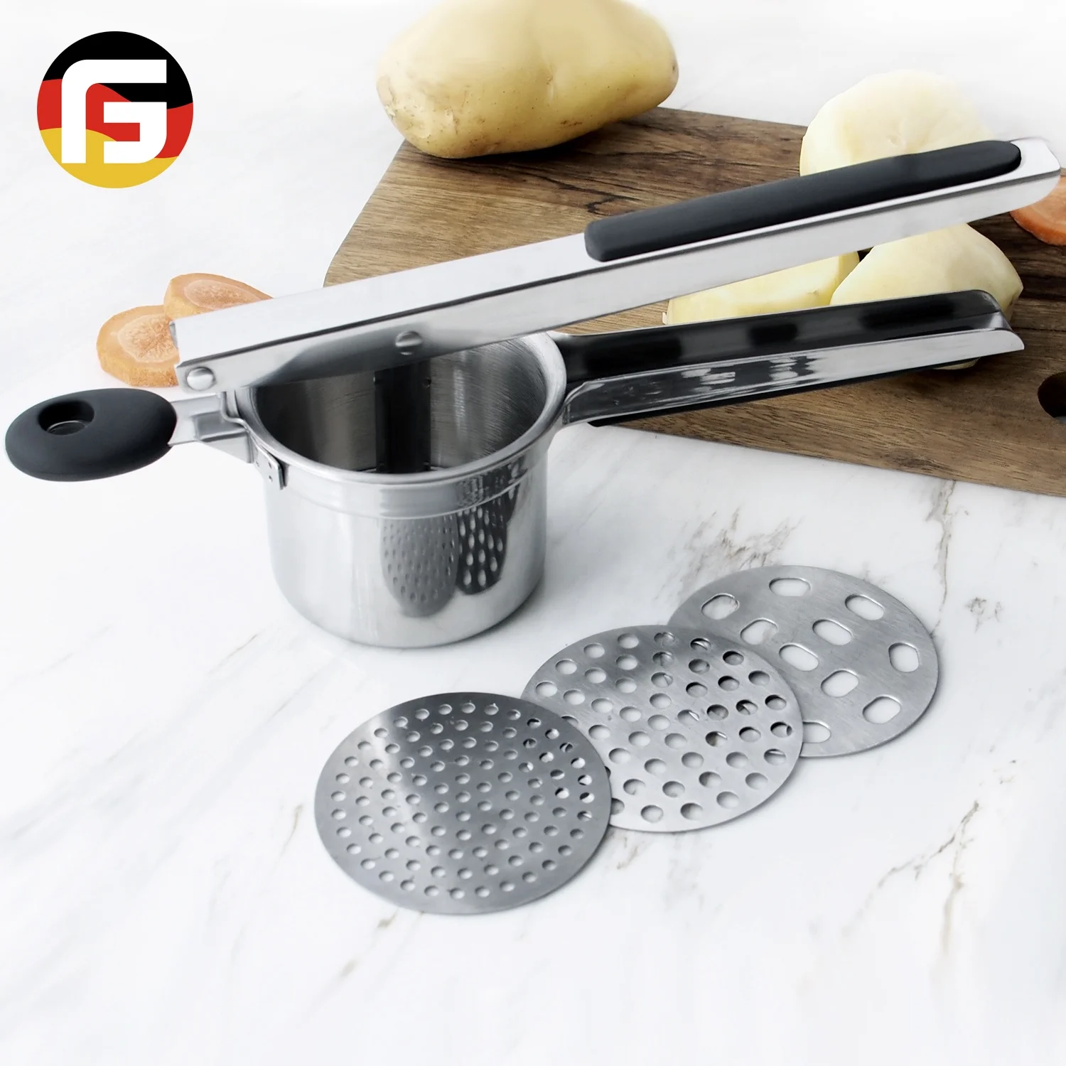 Professional Baby Food Masher Stainless Steel Potato Masher Potato Ricer with silicone handle, Silver
Professional Baby Food Masher Stainless Steel Potato Masher Potato Ricer with silicone handle, Silver