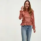 2019 new design women pink lace embroidery ruffle blouse