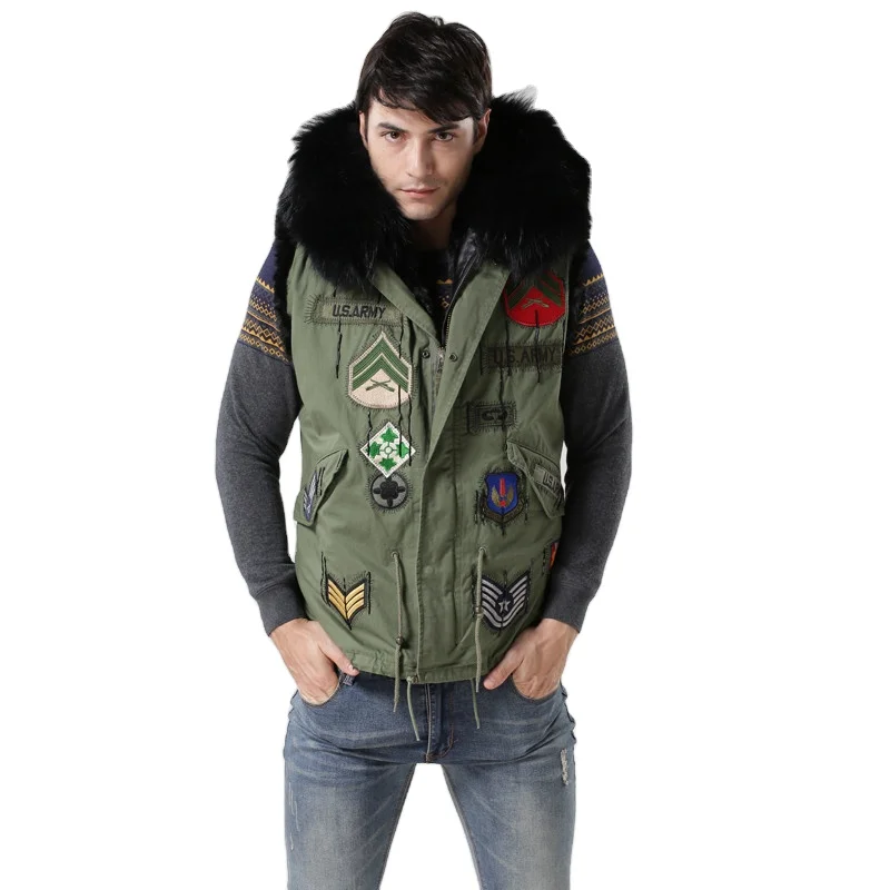 Ready Sale Streetwear European Style Hip Hop Men's Winter Brown Detachable Raccoon Fur Hooded Sleeveless Vest, Army green
Ready Sale Streetwear European Style Hip Hop Men's Winter Brown Detachable Raccoon Fur Hooded Sleeveless Vest, Army green