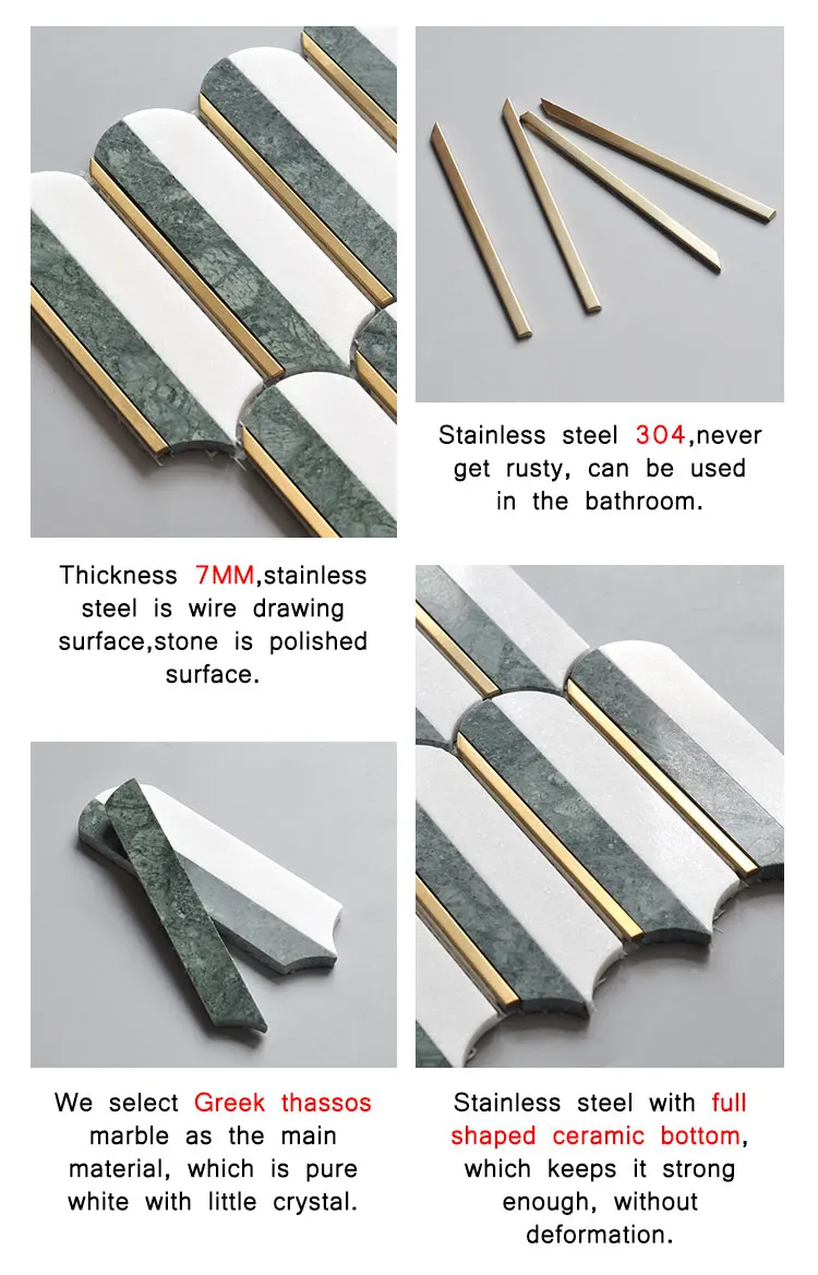 new design waterjet cutting white marble with golden stainless steel brushed metal mosaic tile