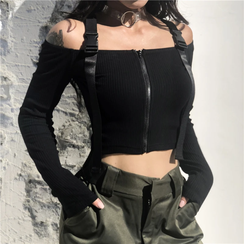 Off The Shoulder Buckle Strap Black Front Zip Up Crop Fall Black Women Tops Shirt, Customized color
Off The Shoulder Buckle Strap Black Front Zip Up Crop Fall Black Women Tops Shirt, Customized color